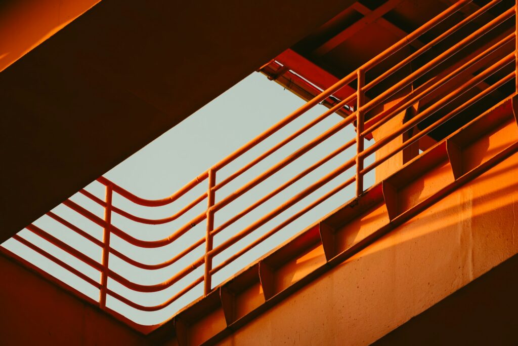 Handrails with warm lighting provide a unique perspective.